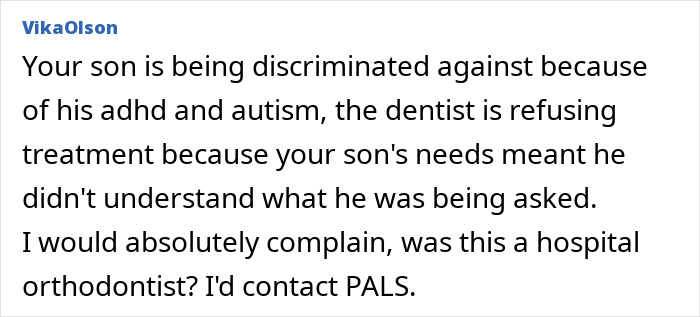 Comment discussing discrimination by a dentist against a child with autism and ADHD refusing treatment. Comment discussing discrimination by a dentist against a child with autism and ADHD refusing treatment.