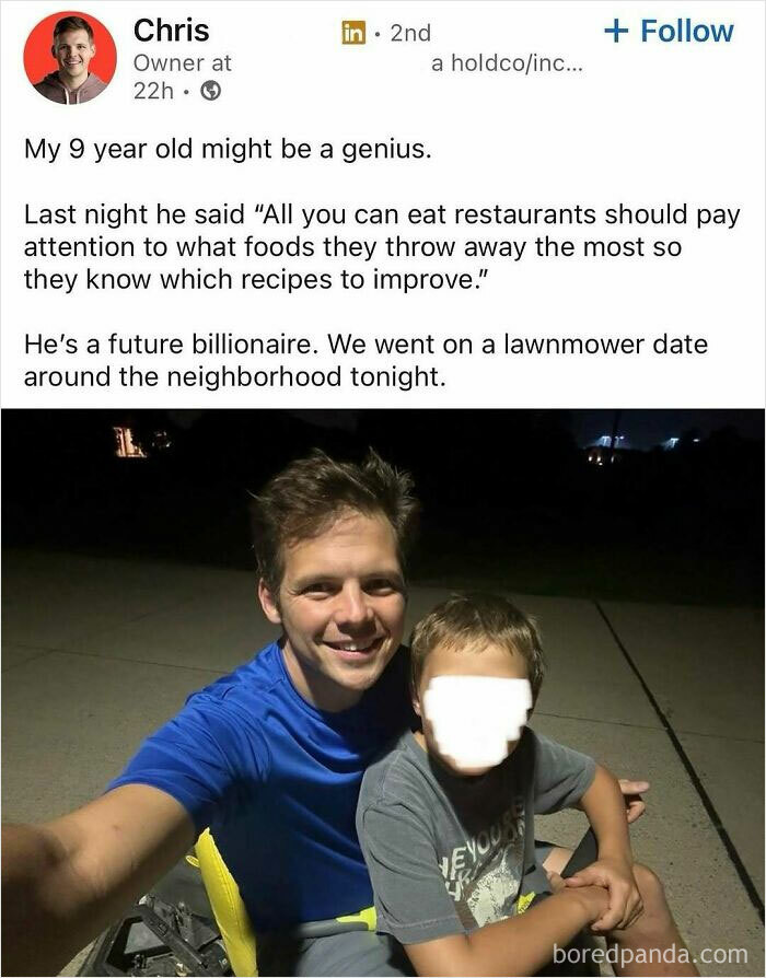 Man and child on a nighttime lawnmower ride, illustrating hustle culture impact on family and real-life connection moments.