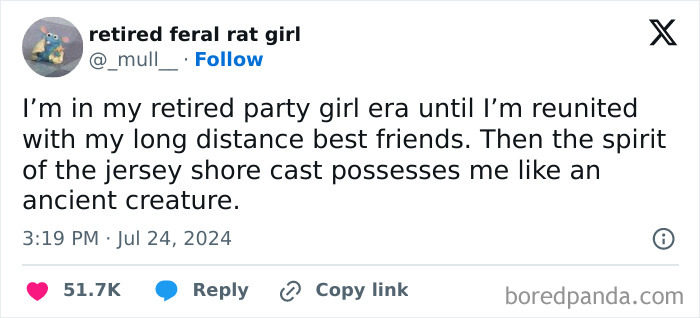 Tweet about retiring the party girl era until reuniting with long-distance best friends, relatable for navigating the world as just a girl.
