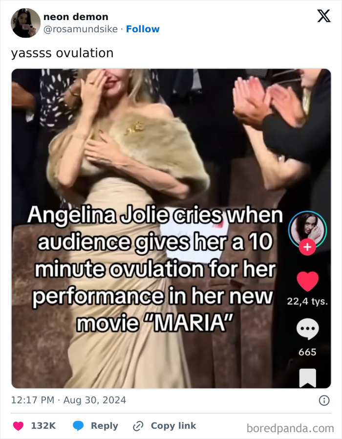 Screenshot from TikTok showing Angelina Jolie emotional while audience gives her ovation for movie performance.