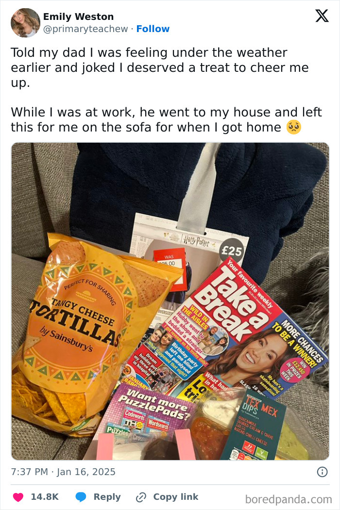 Father’s wholesome surprise with snacks, a magazine, and cozy robe left for daughter to brighten her day.