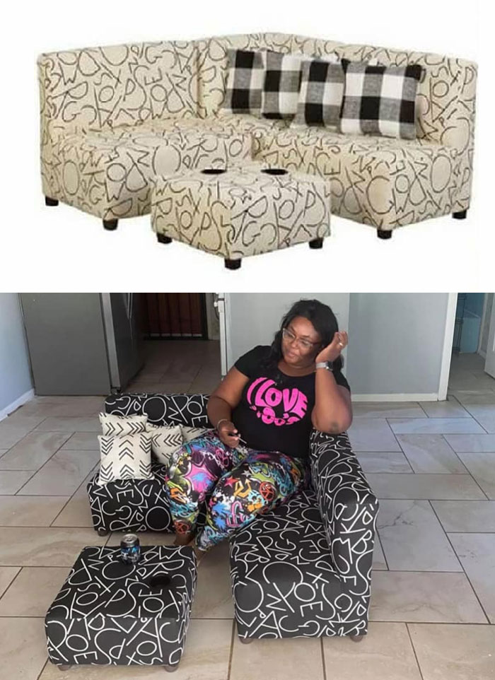 Woman sitting on a small black and white patterned couch with matching ottoman, a clear what I ordered vs what I got fail.