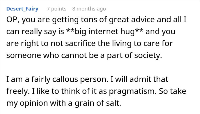 Comment discussing the difficulty of caregiving decisions for an autistic brother and family expectations. Comment discussing the difficulty of caregiving decisions for an autistic brother and family expectations.