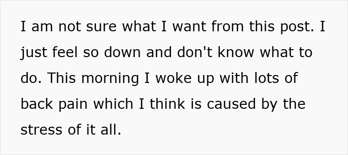 Text post expressing feeling down and stressed, mentioning back pain and uncertainty about what to do. Text post expressing feeling down and stressed, mentioning back pain and uncertainty about what to do.