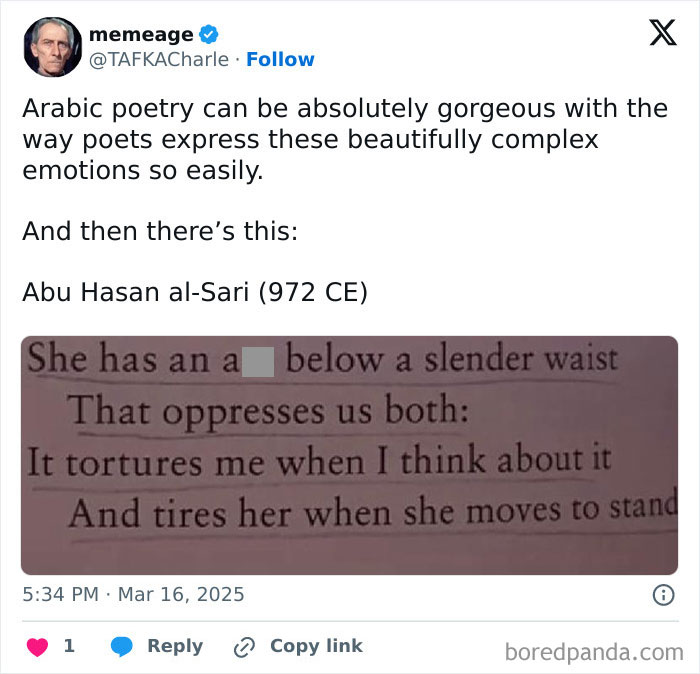 Tweet showing a male author's poem with misguided views about women, highlighting male authors' limited understanding of women.