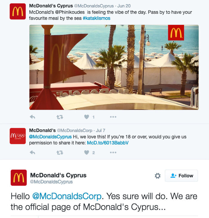 Screenshot of McDonald's Cyprus Twitter interaction showing a social media fail between official and regional accounts.