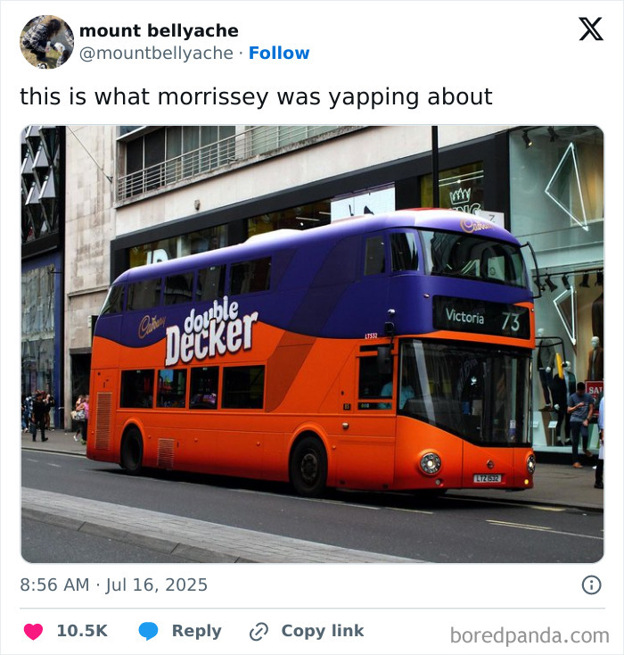 London double-decker bus in vibrant orange and purple colors, showcasing British humor in a city street scene.