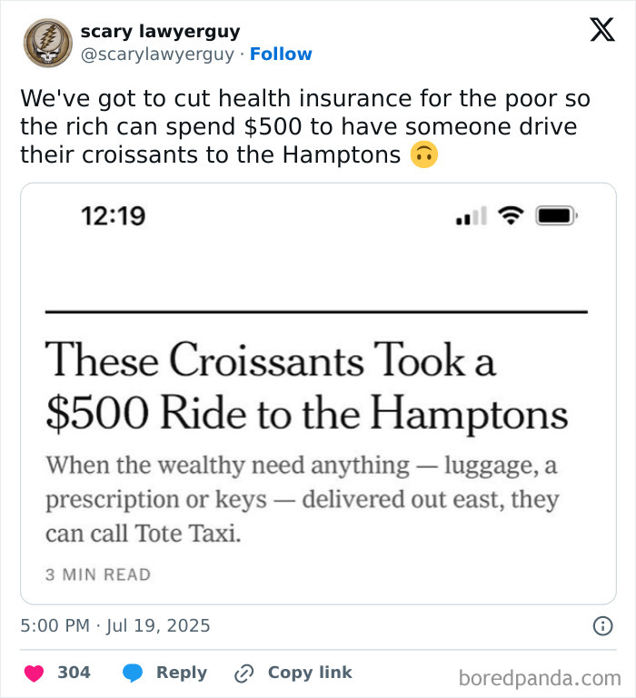 Screenshot of a tweet criticizing health insurance cuts while highlighting $500 croissants delivery in a dystopian US scene.