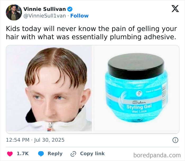 Meme comparing old styling gel to plumbing adhesive with a young man showing a vintage hair gel look.