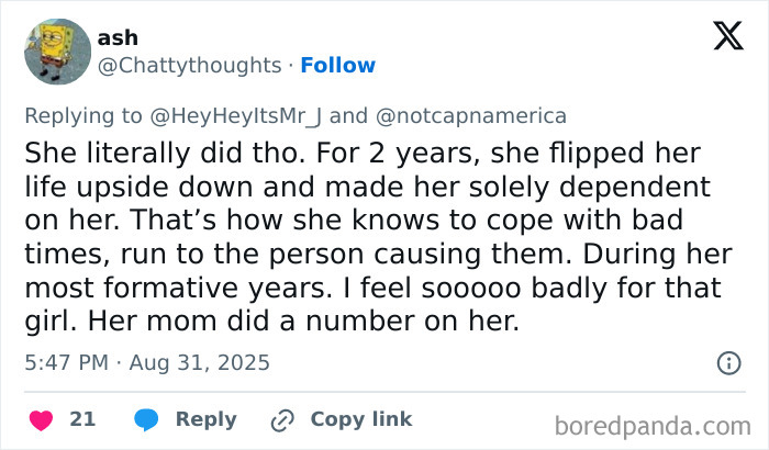Screenshot of a social media reply discussing a mom who catfished her daughter and used the Lo nickname in threats. Screenshot of a social media reply discussing a mom who catfished her daughter and used the Lo nickname in threats.
