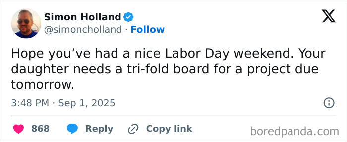 Tweet by Simon Holland humorously highlighting a parenting moment about last-minute school projects in parenting posts.