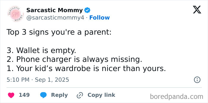 Tweet from Sarcastic Mommy listing top 3 signs you're a parent, highlighting humor in parenting posts and relatable moments.