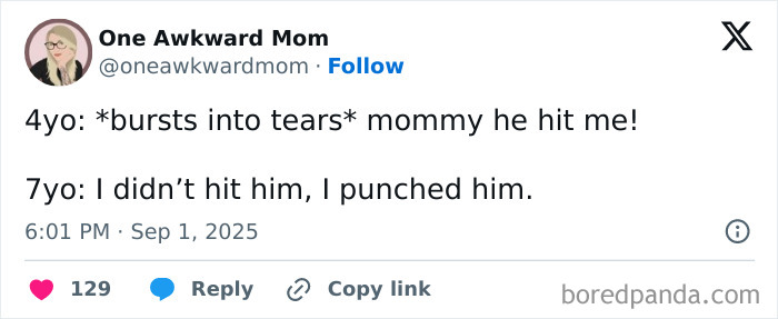 Parenting post humor showing a funny tweet about kids arguing and child's honest punch confession.