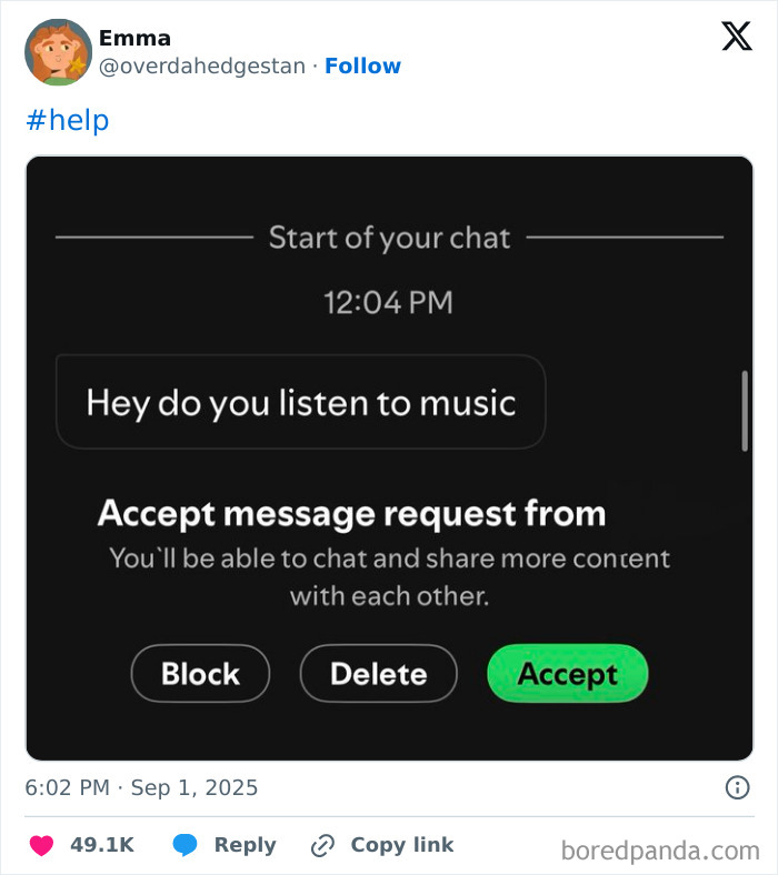 Screenshot of a funny tweet showing a message request about listening to music, part of funniest tweets of September.