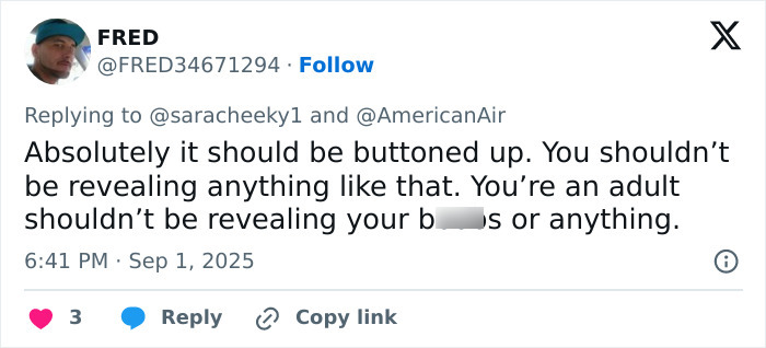 Tweet criticizing flight attendant’s dress code enforcement, discussing big breasts discrimination and buttoning up policy. Tweet criticizing flight attendant’s dress code enforcement, discussing big breasts discrimination and buttoning up policy.