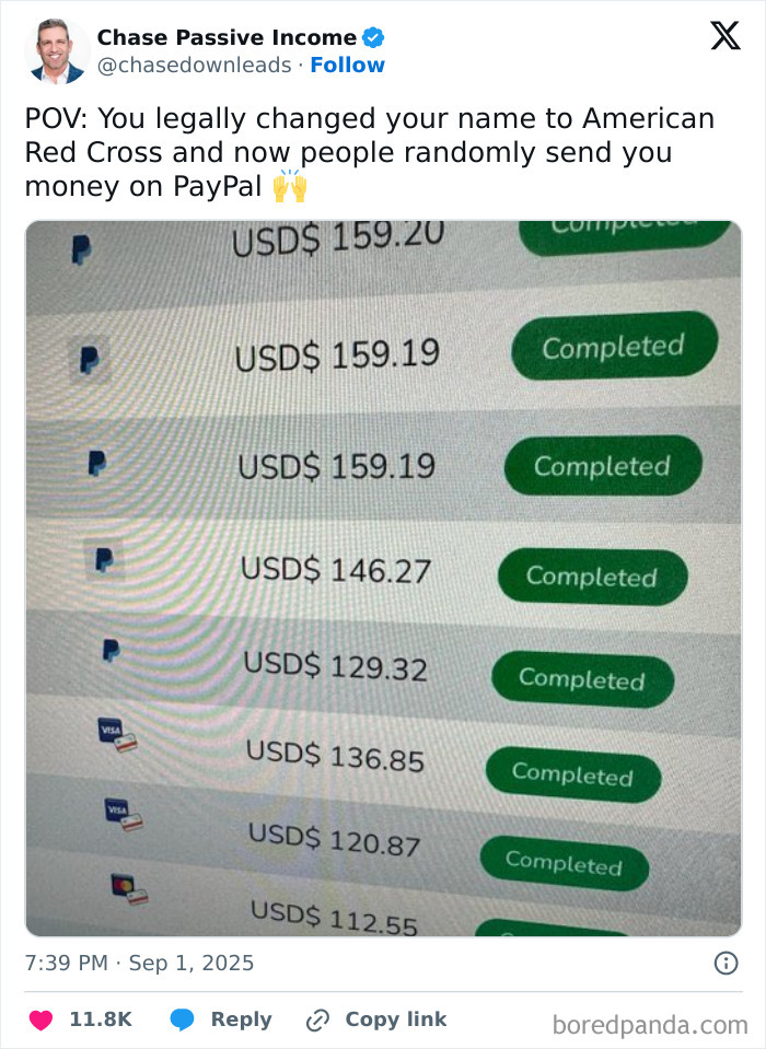 Screenshot of funniest tweets showing PayPal payments completed with various amounts, highlighting funniest tweets of September.