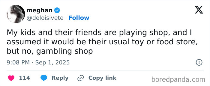 Tweet about kids playing a gambling shop instead of a toy store, highlighting funny parenting posts for September edition.