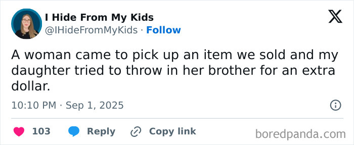 Tweet about a daughter humorously involving her brother during a parenting moment, highlighting funny parenting posts.