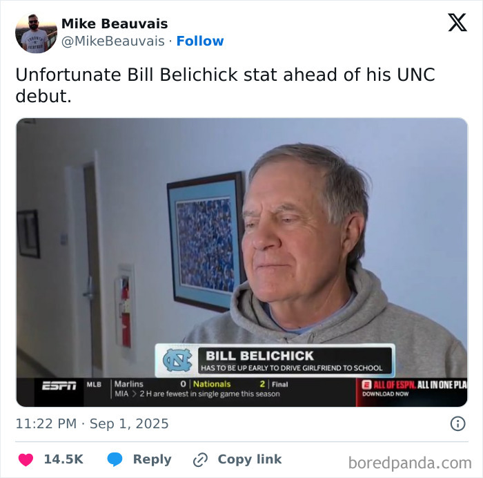 Tweet showing a humorous screenshot of Bill Belichick with a funny caption in the funniest tweets of September collection.