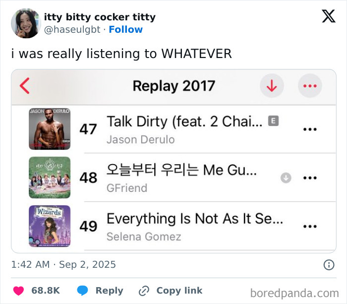 Screenshot of a funny tweet about music playlist titled Replay 2017, featured in funniest tweets of September.