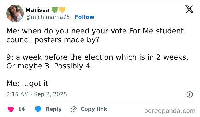 Parenting post humor about last-minute student council poster deadlines in a casual Twitter conversation.