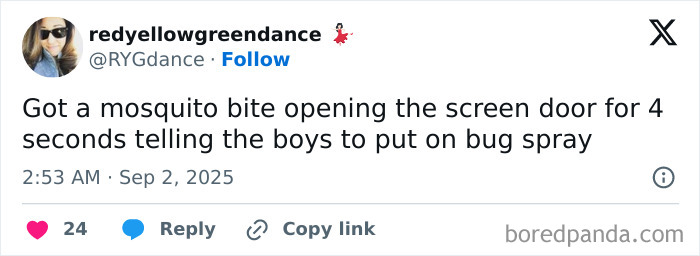 Tweet about a mosquito bite and parenting humor, fitting the theme of parenting posts that might make you chuckle.