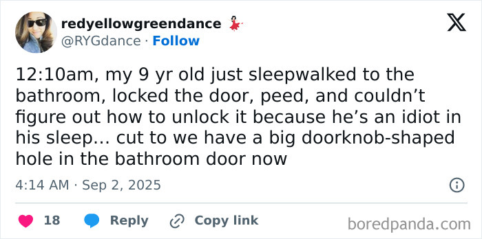 Parenting post about a 9-year-old sleepwalking, locking bathroom door, and causing a doorknob-shaped hole in the door.