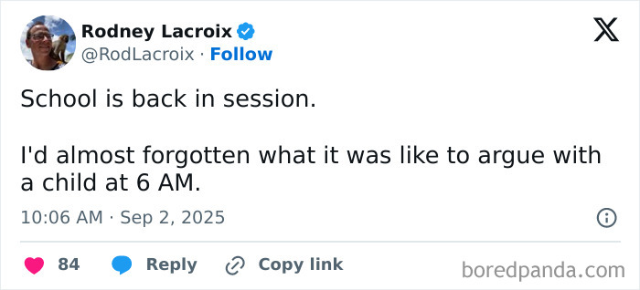 Tweet by Rodney Lacroix humorously about parenting challenges as school starts, fitting 123 parenting posts chuckle theme.