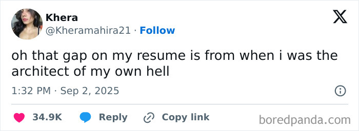 Screenshot of a funny tweet about resume gap humor, representing some of the funniest tweets of September that made people laugh.