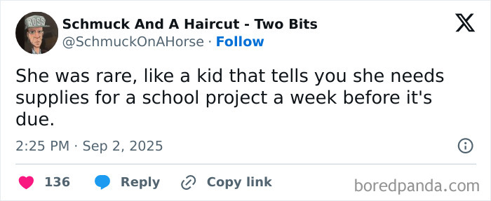 Social media post humorously comparing a rare person to a kid asking for school supplies just before a project deadline.