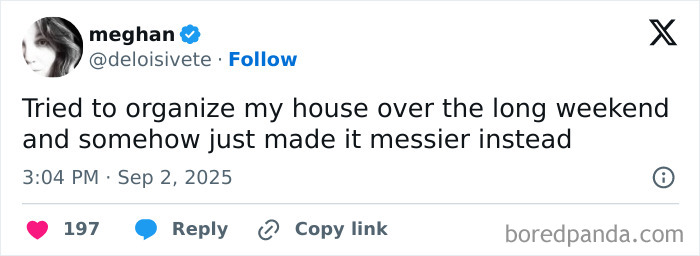 A humorous parenting post about trying to organize the house but making it messier over a long weekend.