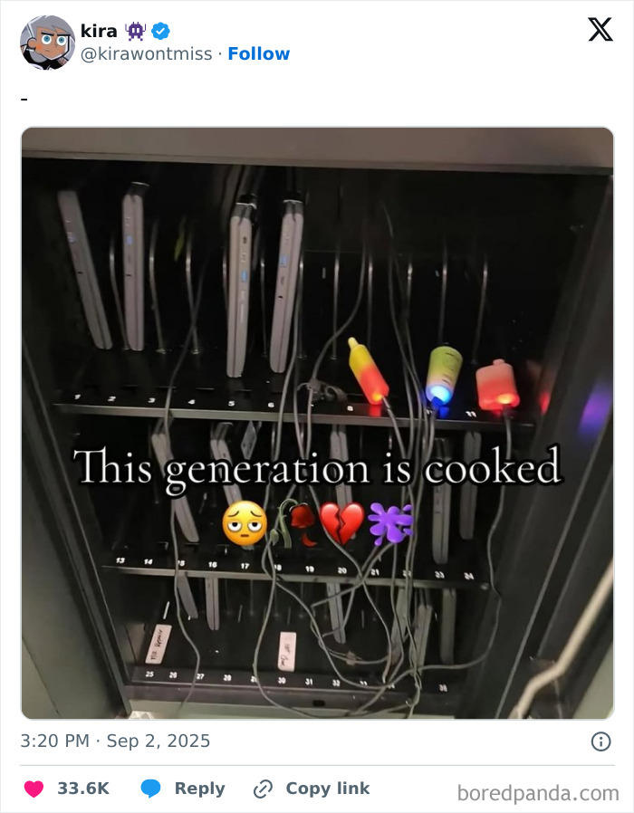 Charging station with multiple devices and the funniest tweets of September visible in a social media post.