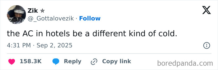 Screenshot of a funny tweet about hotel AC coldness from a popular collection of funniest tweets of September.