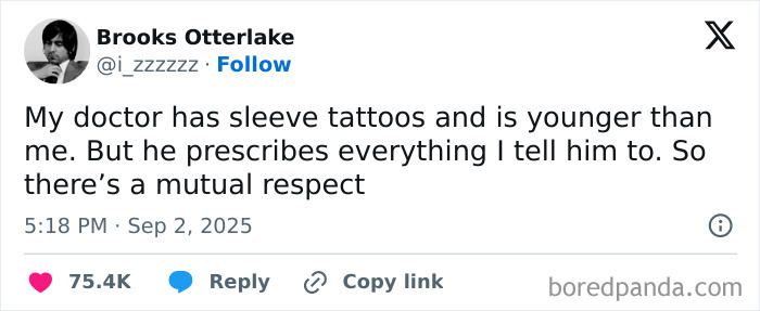 Tweet about a doctor with sleeve tattoos prescribing everything, featured among the funniest tweets of September.