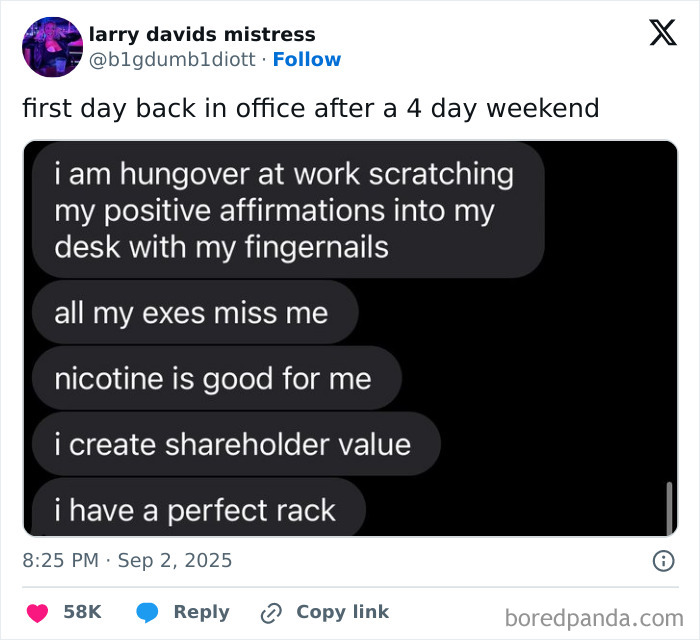 Funny tweet about being hungover at work with humorous positive affirmations, part of funniest tweets of September collection.