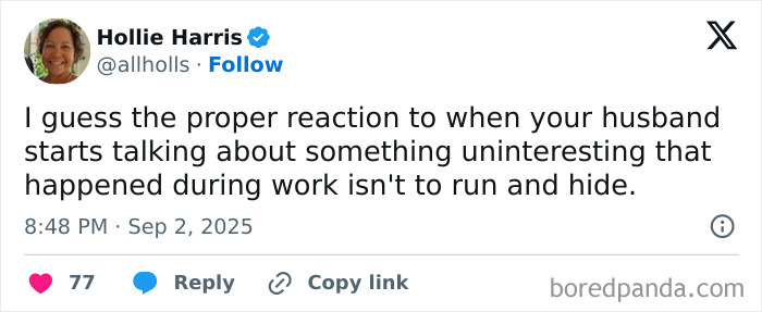 Tweet by Hollie Harris making a humorous parenting post about reacting to uninteresting work stories.
