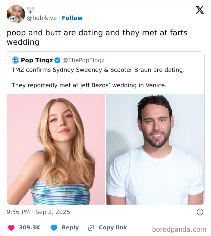 Tweet joke about dating and wedding with photos of a man and woman, part of funniest tweets of September collection.