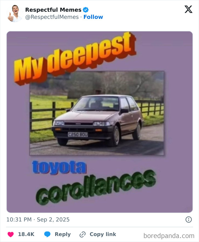 A funny tweet image showing a vintage Toyota Corolla with colorful text highlighting the funniest tweets of September.