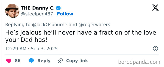 Tweet showing a reply defending the late Ozzy Osbourne amid Roger Waters idiocy and nonsense controversy.