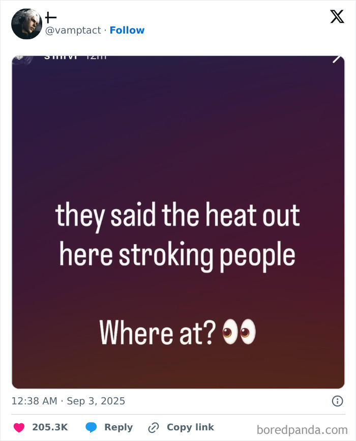 Screenshot of a funny tweet about heat and stroking people, part of the funniest tweets of September collection.