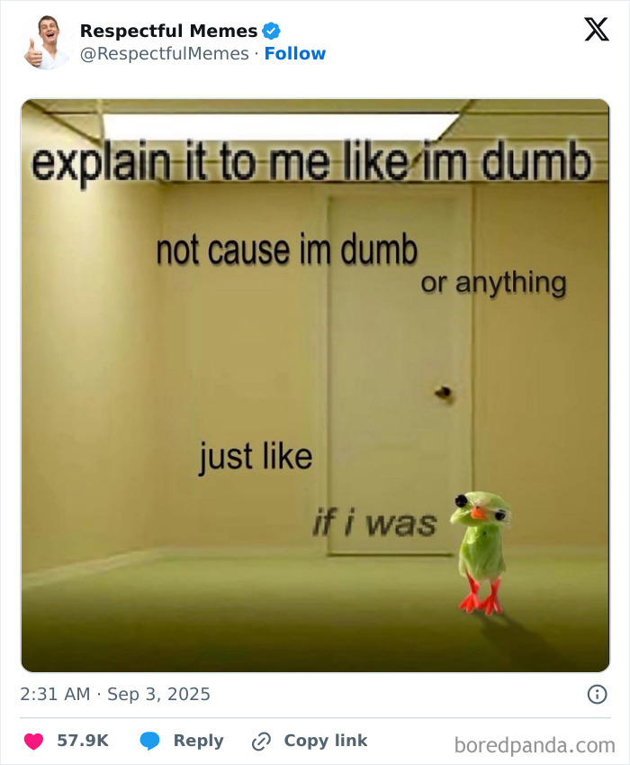 Meme tweet featuring a humorous caption with a small bird in an empty room, highlighting funny tweets from September.