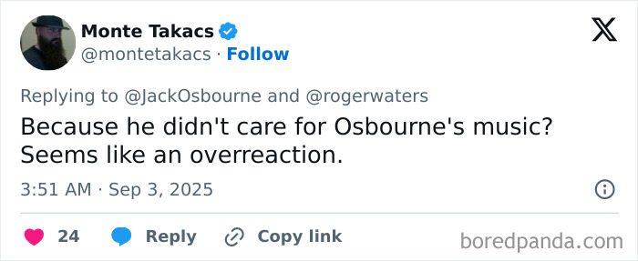 Tweet from Monte Takacs criticizing Roger Waters over comments on Ozzy Osbourne, with Ozzy’s son defending his father.