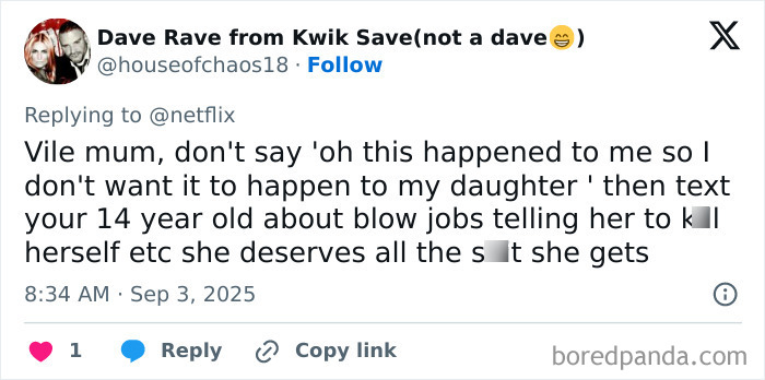 Screenshot of a Twitter reply discussing a mom who catfished her daughter using disturbing threats and the Lo nickname. Screenshot of a Twitter reply discussing a mom who catfished her daughter using disturbing threats and the Lo nickname.
