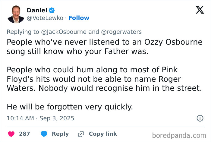 Screenshot of a Twitter reply exchanging insults between Roger Waters and Ozzy Osbourne’s son about their music legacies.