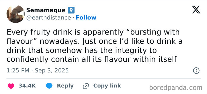 Screenshot of a funny tweet humorously critiquing the flavor descriptions of fruity drinks in September tweets.