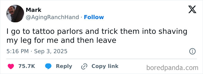 Screenshot of a funny tweet from September with a joke about tricking tattoo parlors, highlighting the funniest tweets.