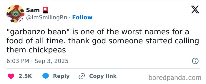 Tweet about garbanzo bean name, shown as part of the funniest tweets of September that made people laugh.