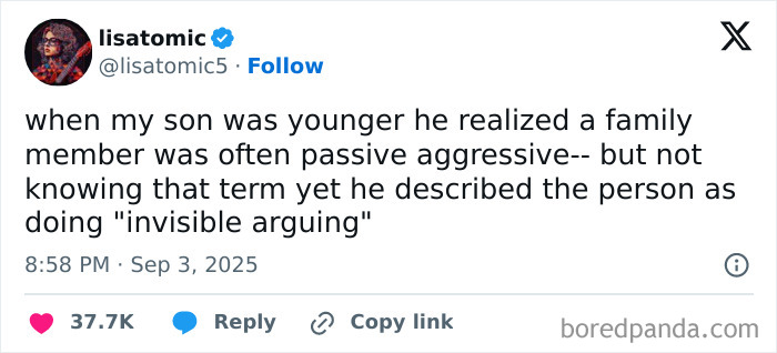 Screenshot of a humorous parenting tweet describing a child’s innocent take on passive-aggressive behavior.