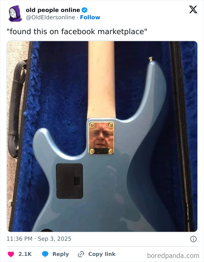 Older person reflected confusedly on the back of a blue electric guitar inside a hard case, showing technology fail humor.