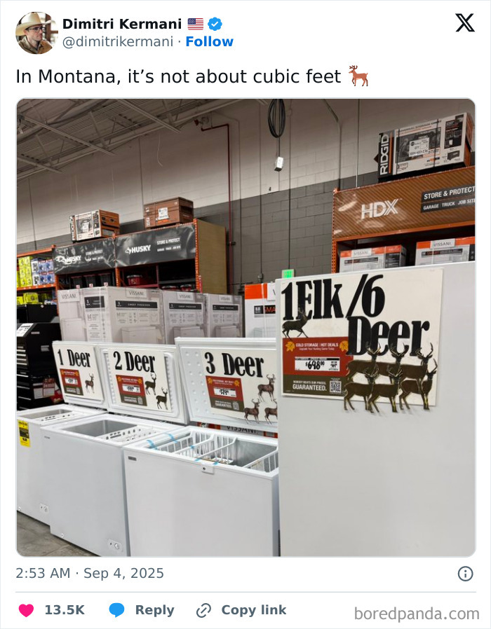 Freezers labeled with numbers of deer instead of cubic feet, showcasing the funniest tweets of September humor.
